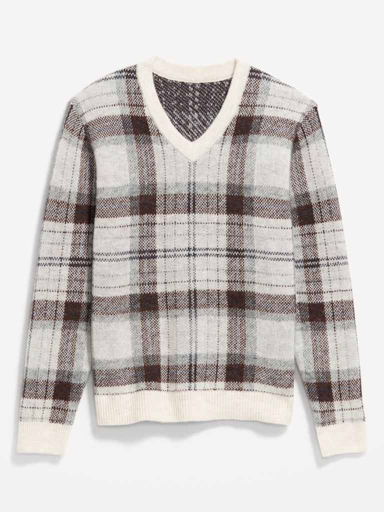 Wool-Blend V-Neck Plaid Sweater