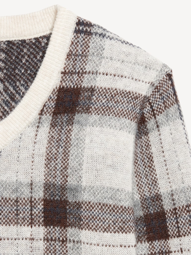Wool-Blend V-Neck Plaid Sweater