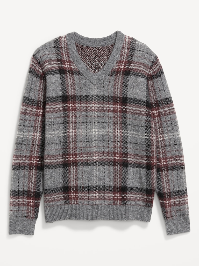 Wool-Blend V-Neck Plaid Sweater