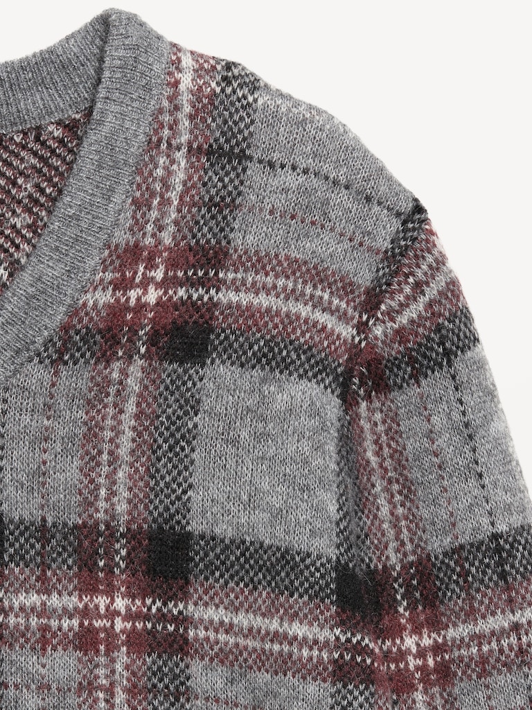 Wool-Blend V-Neck Plaid Sweater