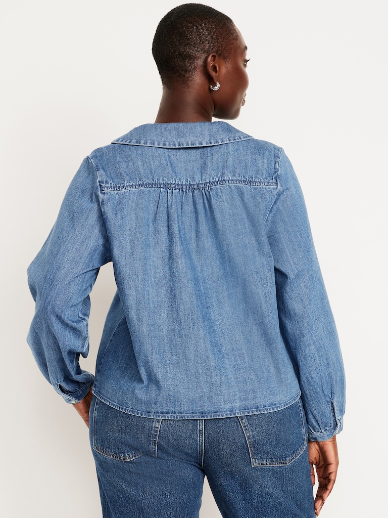 Long-Sleeve Button-Down Cropped Denim Shirt