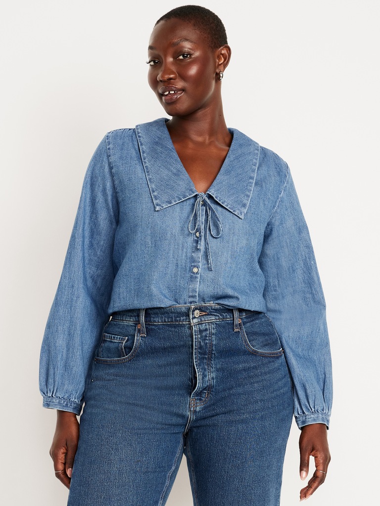 Long-Sleeve Button-Down Cropped Denim Shirt