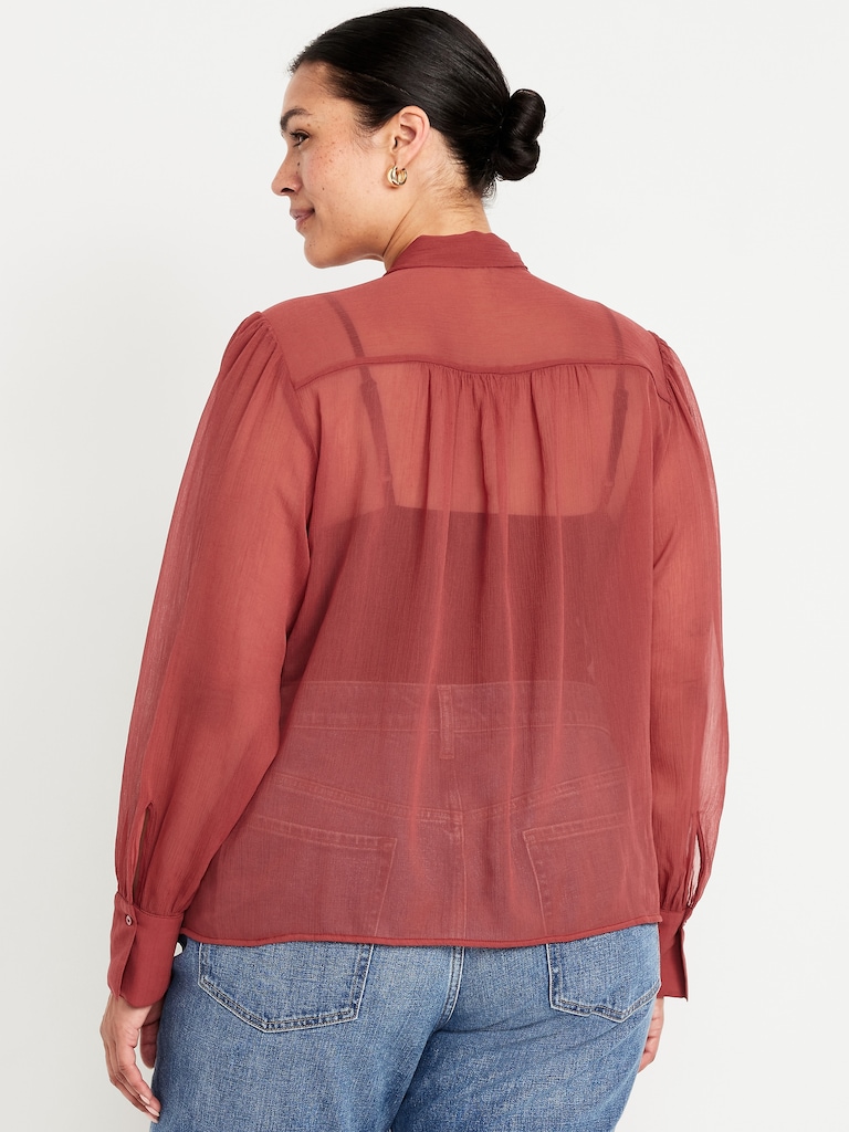 Long-Sleeve Tie-Neck Chiffon Top