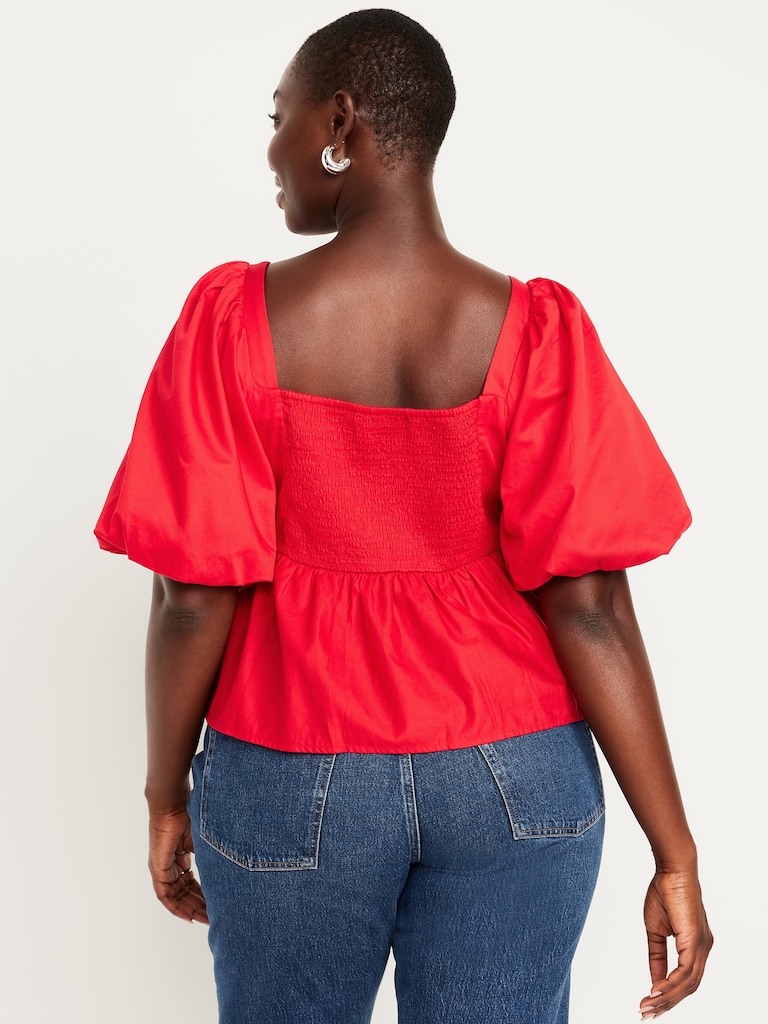 Puff-Sleeve Poplin Peplum Top
