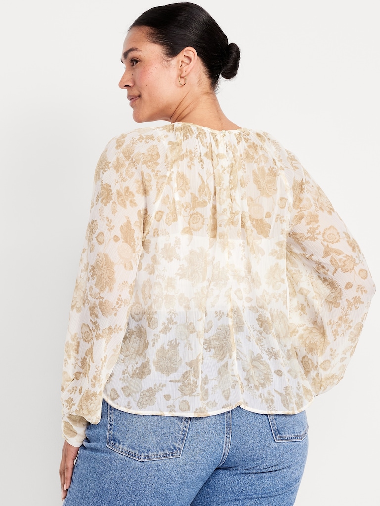 Shirred Chiffon Long-Sleeve Top