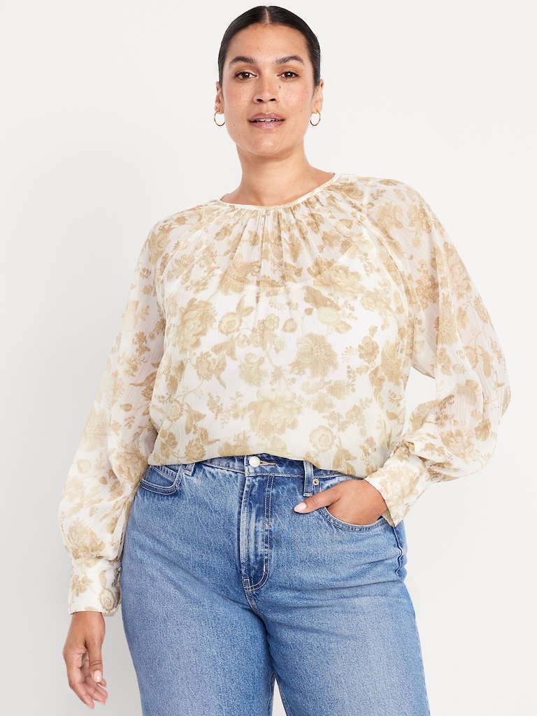Shirred Chiffon Long-Sleeve Top