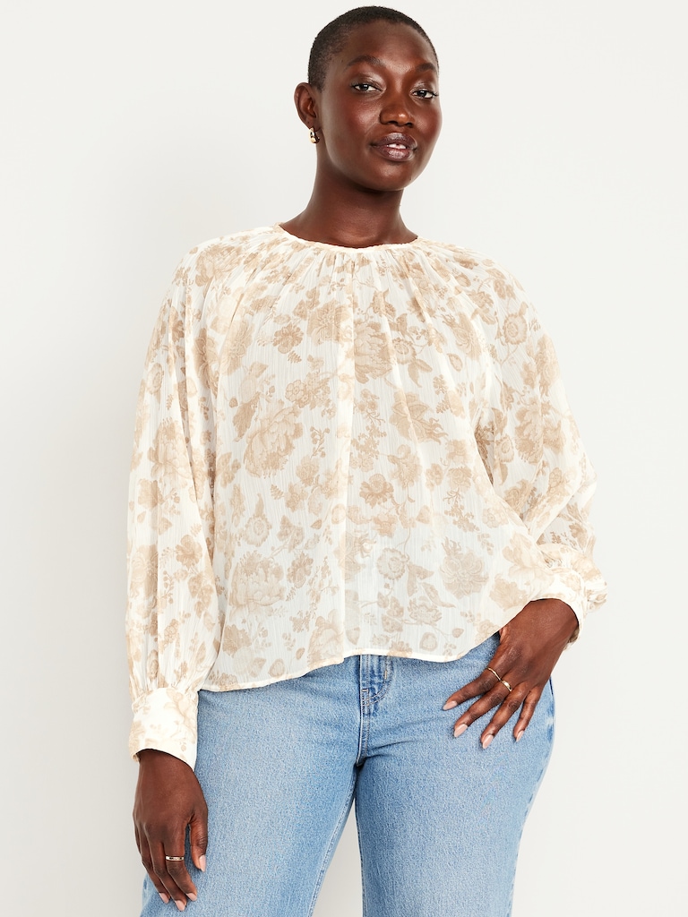 Shirred Chiffon Long-Sleeve Top