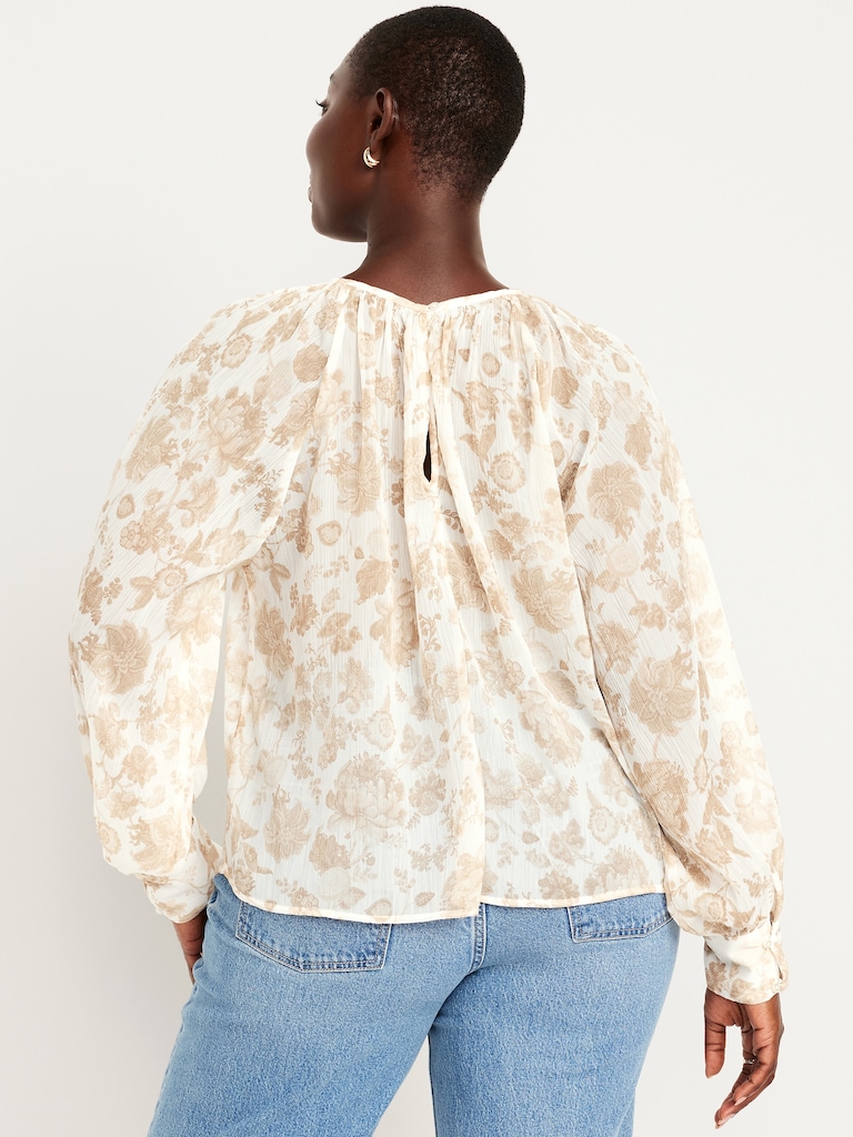Shirred Chiffon Long-Sleeve Top