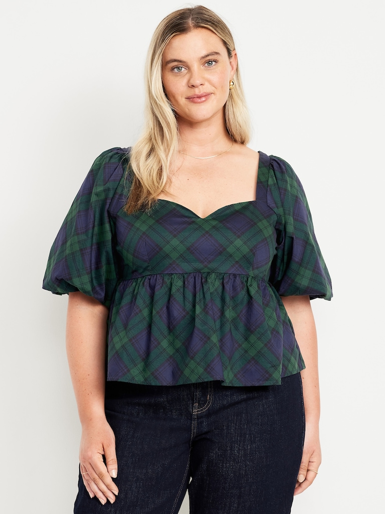 Puff-Sleeve Plaid Poplin Peplum Top