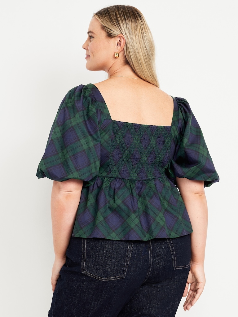 Puff-Sleeve Plaid Poplin Peplum Top