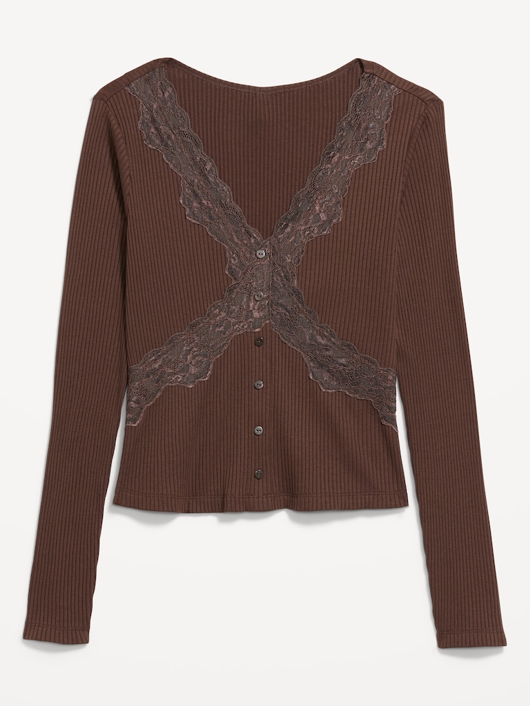 Lace-Trim V-Neck Ribbed Top