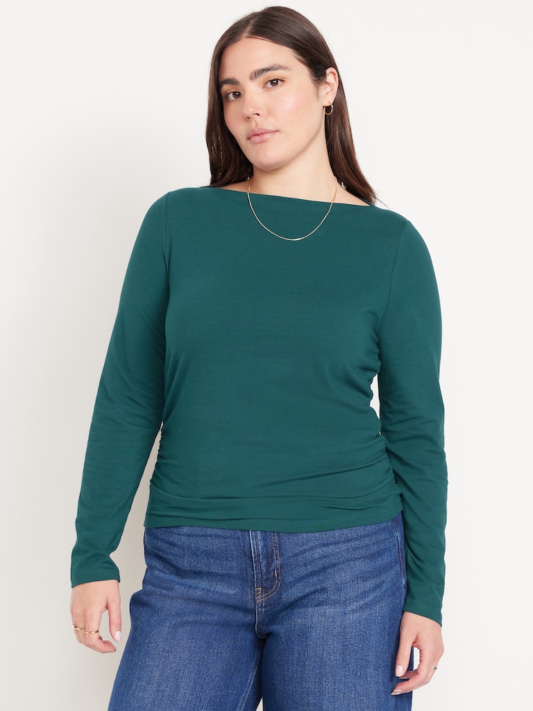 Long-Sleeve Slit-Neck Ruched Top