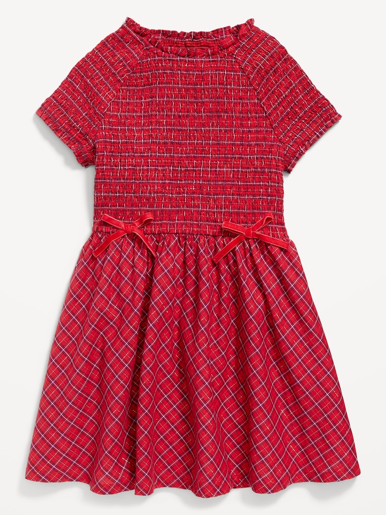 Short-Sleeve Fit and Flare Smocked Bow Dress for Girls