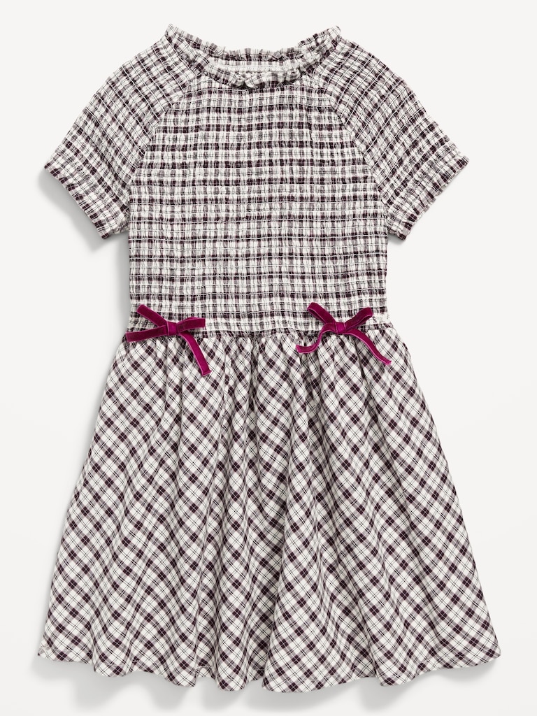 Short-Sleeve Fit and Flare Smocked Bow Dress for Girls