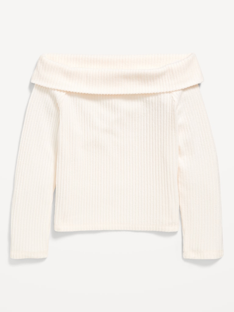 CozePlush Off-Shoulder Long-Sleeve Ribbed Top for Girls