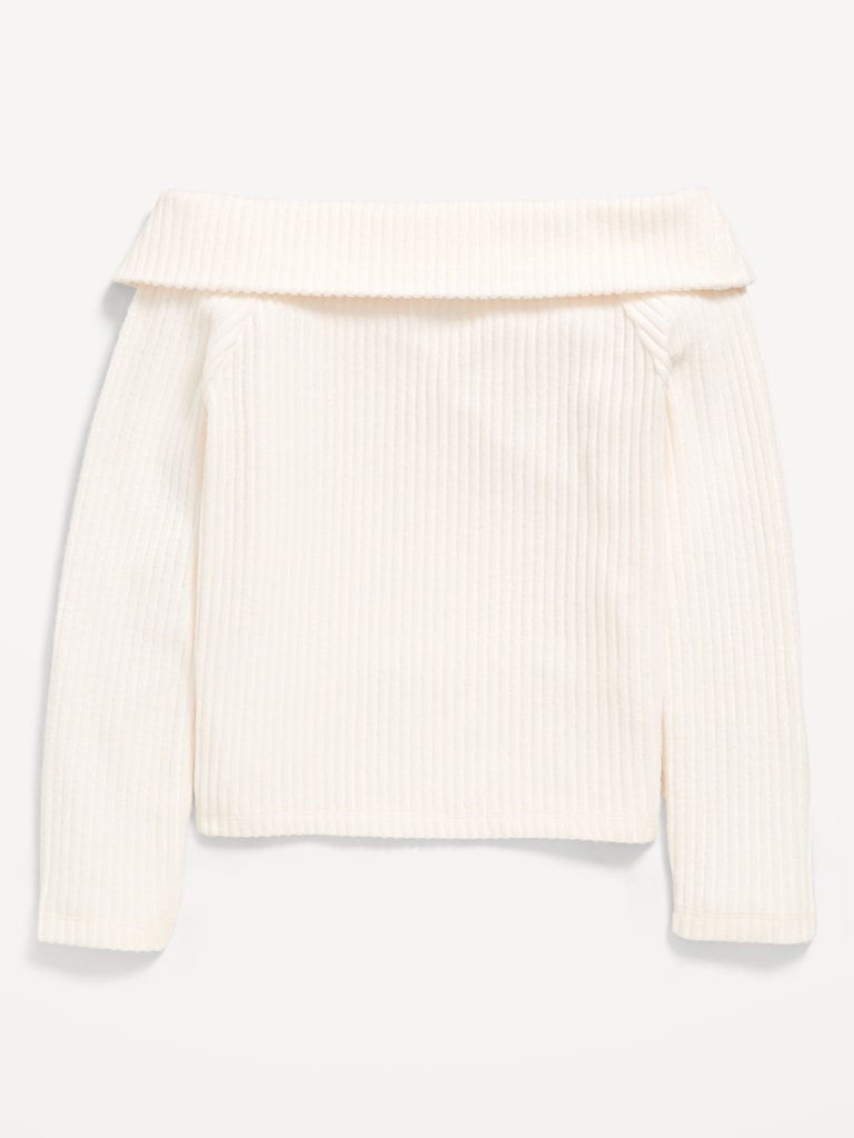 CozePlush Off-Shoulder Long-Sleeve Ribbed Top for Girls