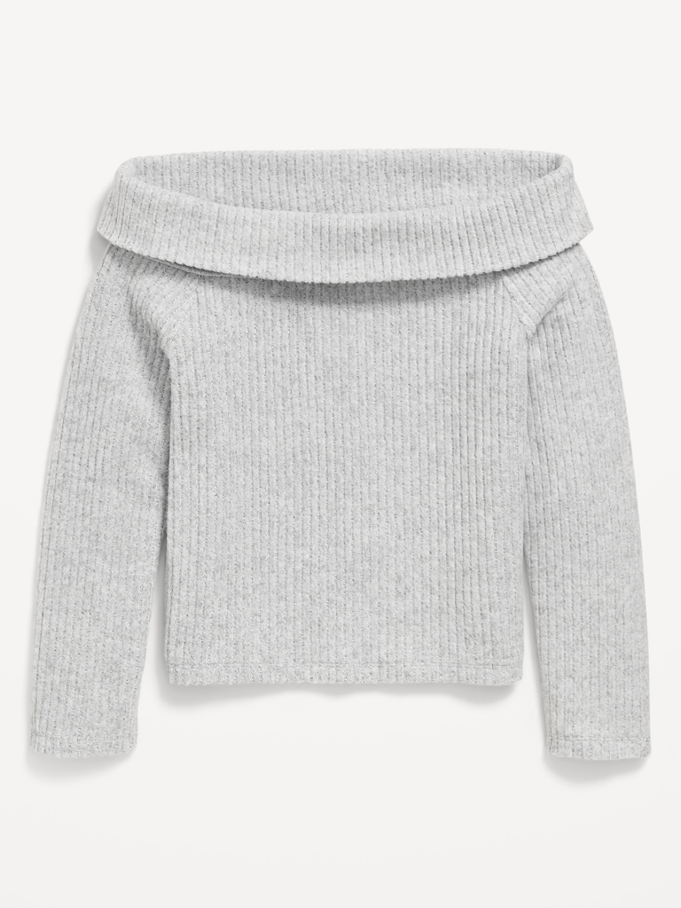 CozePlush Off-Shoulder Long-Sleeve Ribbed Top for Girls