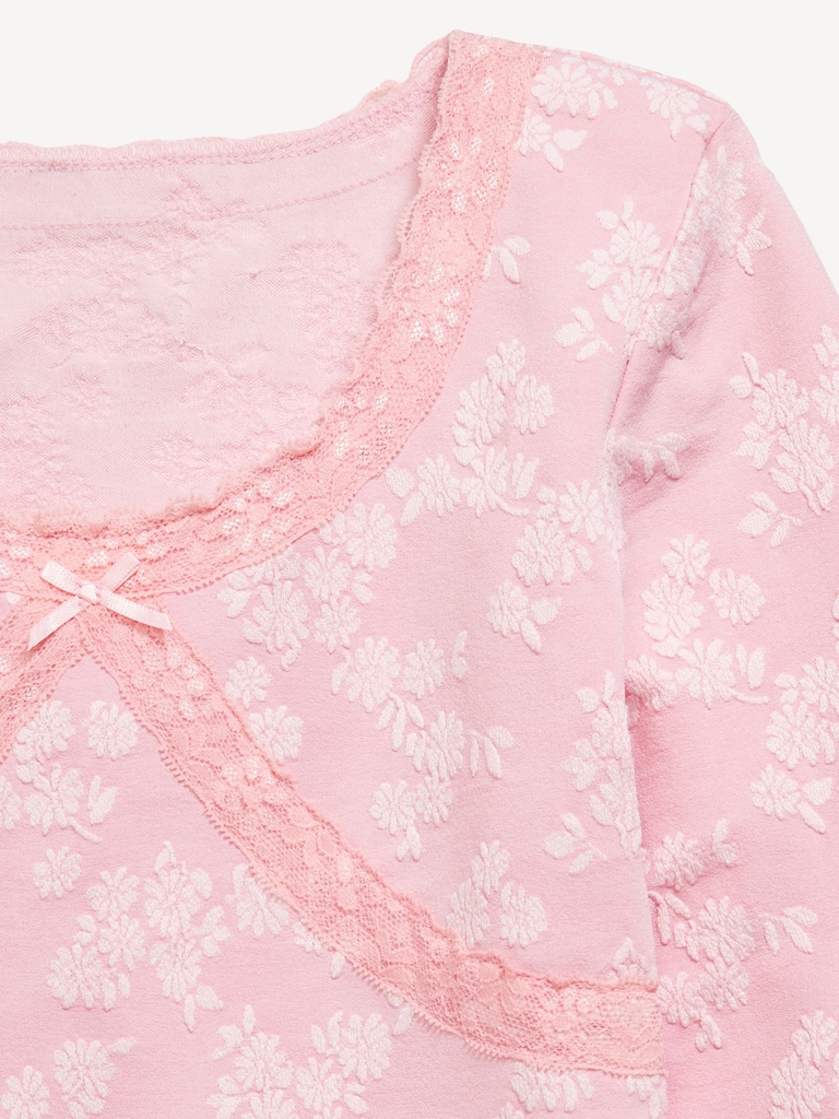 Fitted Long-Sleeve Lace-Trim Top for Girls