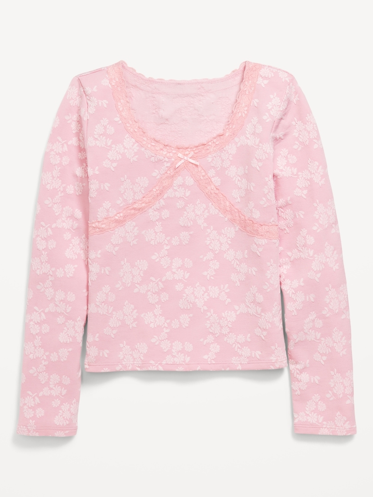 Fitted Long-Sleeve Lace-Trim Top for Girls