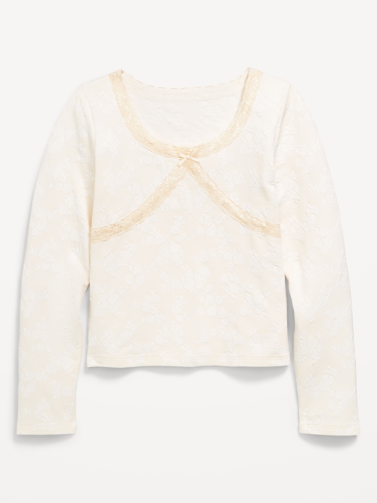 Fitted Long-Sleeve Lace-Trim Top for Girls