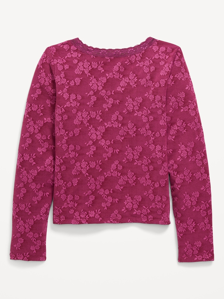 Fitted Long-Sleeve Lace-Trim Top for Girls