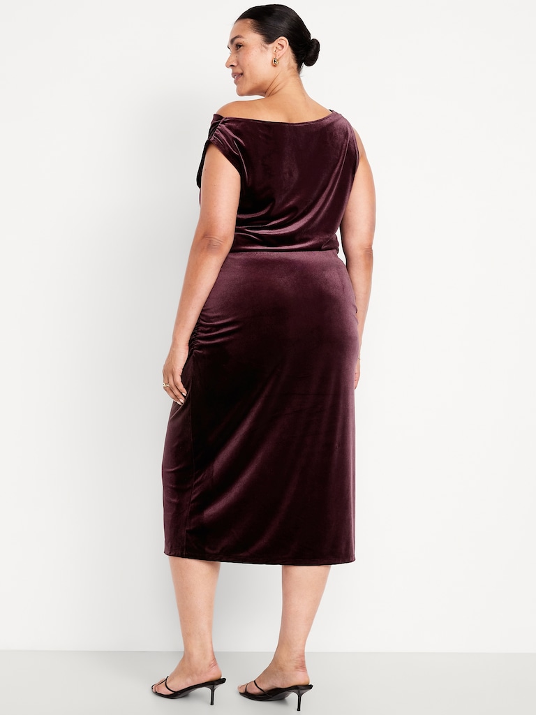 High-Waisted Ruched Velvet Midi Skirt