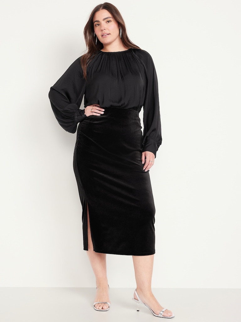 High-Waisted Ruched Velvet Midi Skirt