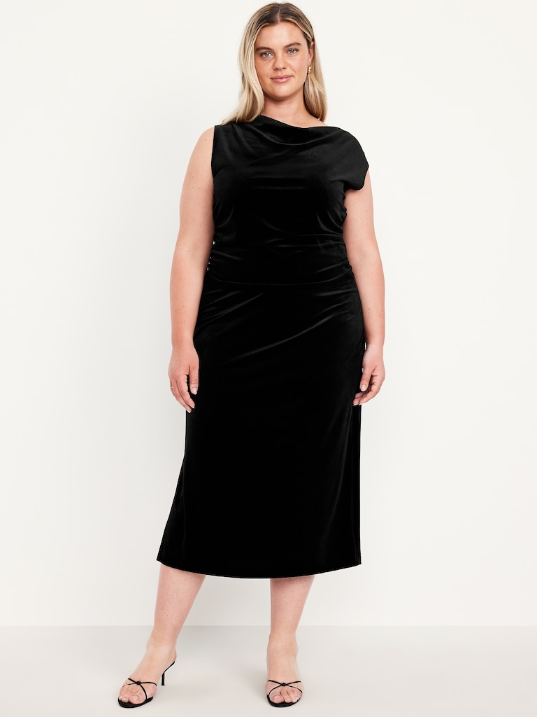 High-Waisted Ruched Velvet Midi Skirt