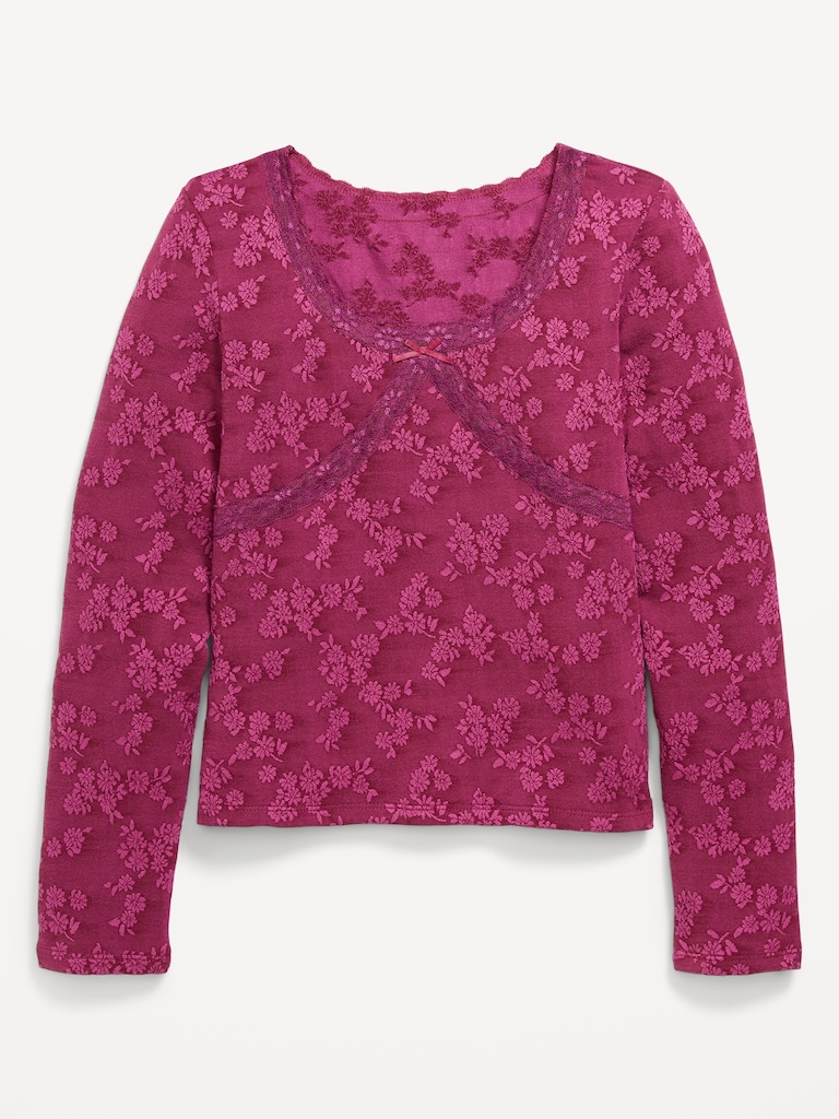 Fitted Long-Sleeve Lace-Trim Top for Girls