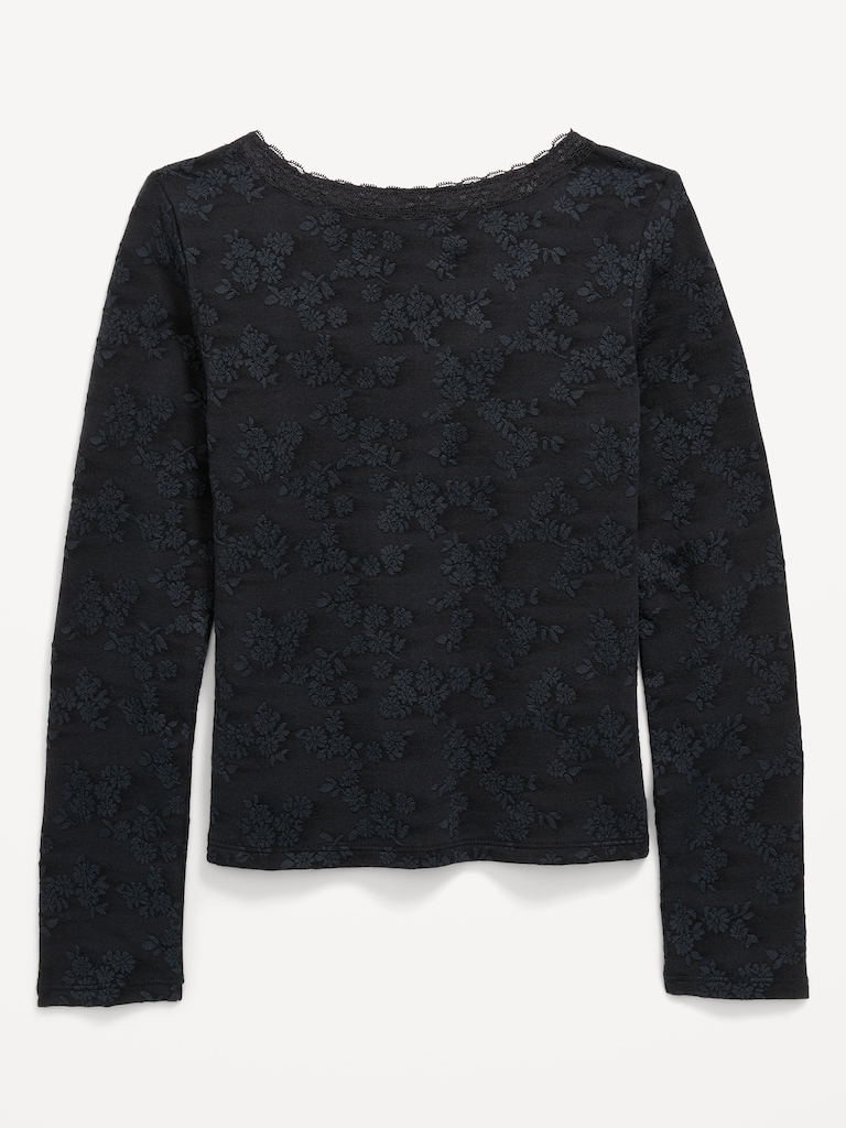 Fitted Long-Sleeve Lace-Trim Top for Girls