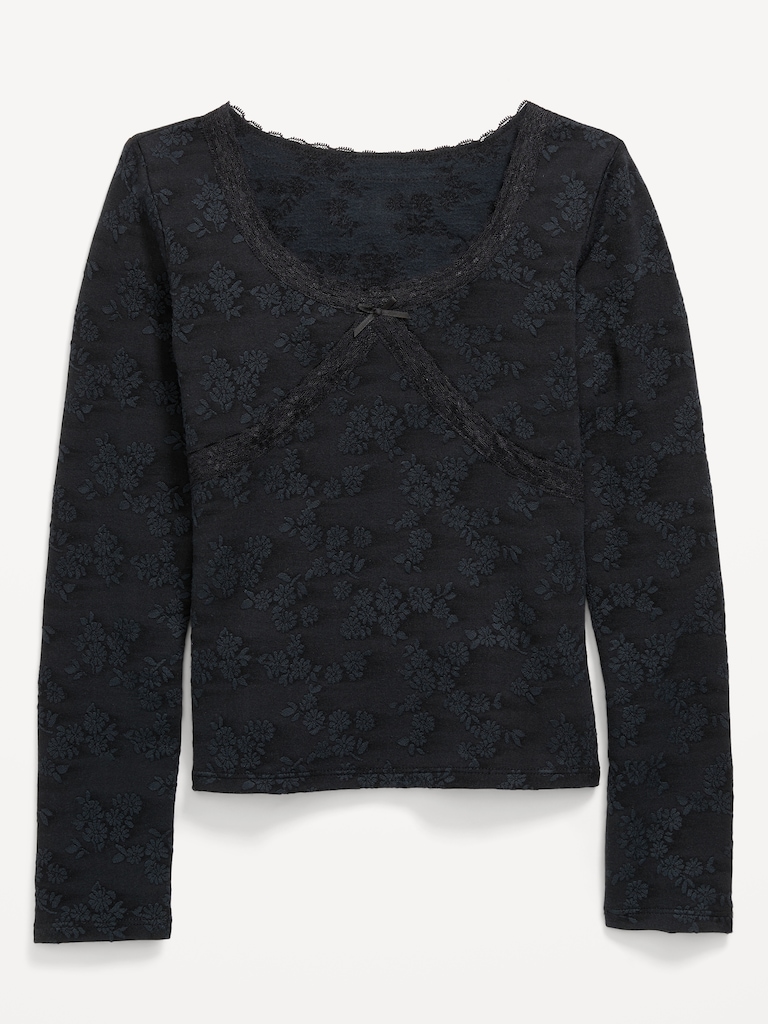 Fitted Long-Sleeve Lace-Trim Top for Girls