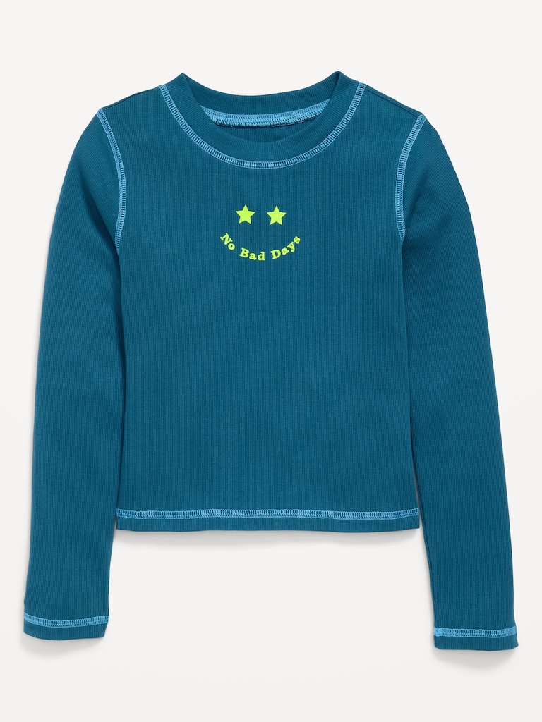 Fitted Long-Sleeve Ribbed Graphic T-Shirt for Girls