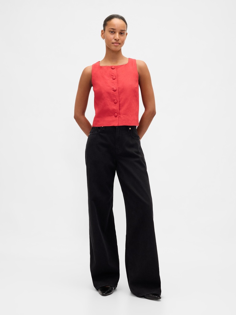 Linen-Blend Button-Front Shell Top