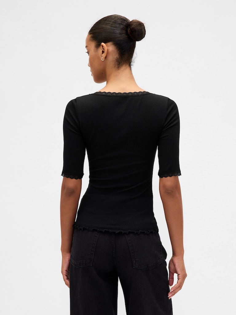 Modal Rib Lace-Trim Square-Neck T-Shirt