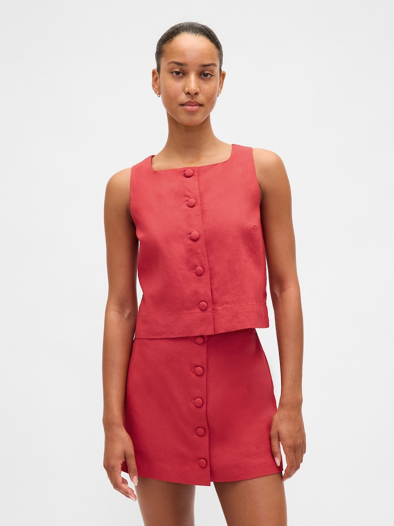 Linen-Blend Button-Front Shell Top