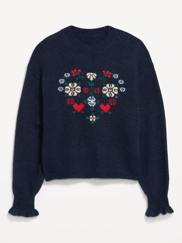 Loose Crew-Neck Wool-Blend Graphic Cropped Sweater