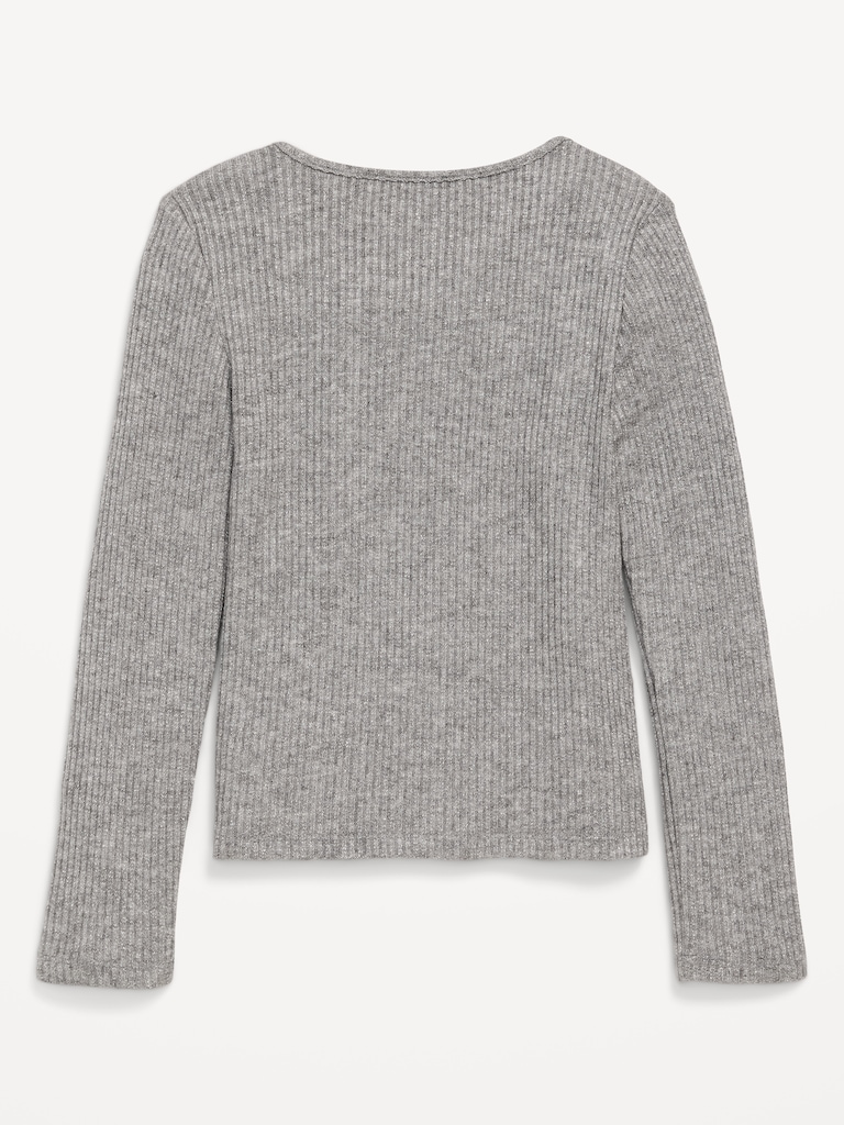 Fitted Long-Sleeve Ribbed Bow-Tie Top for Girls