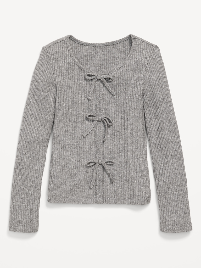 Fitted Long-Sleeve Ribbed Bow-Tie Top for Girls