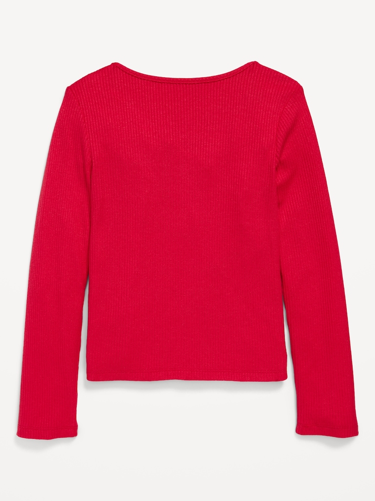 Fitted Long-Sleeve Ribbed Bow-Tie Top for Girls