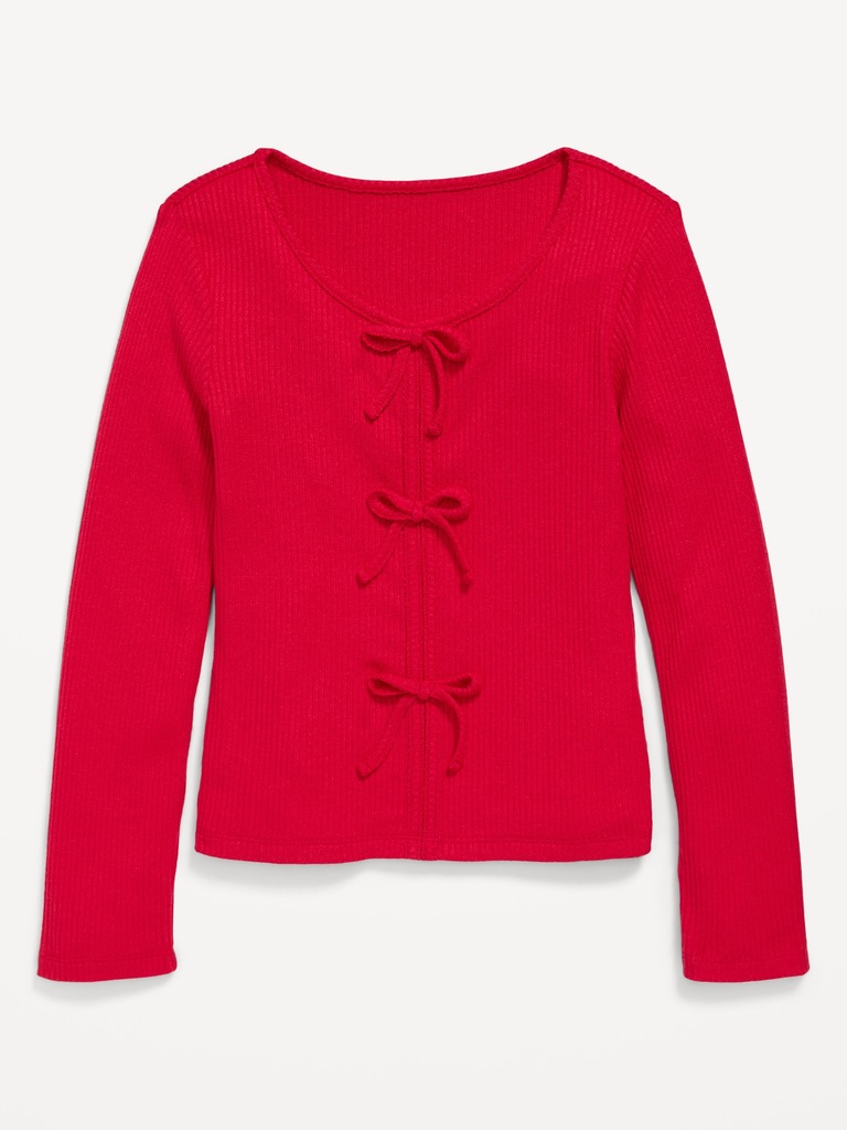 Fitted Long-Sleeve Ribbed Bow-Tie Top for Girls