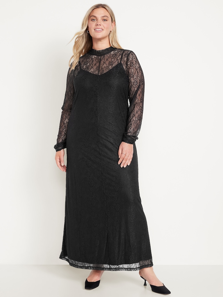 Mock Neck Lace Maxi Dress