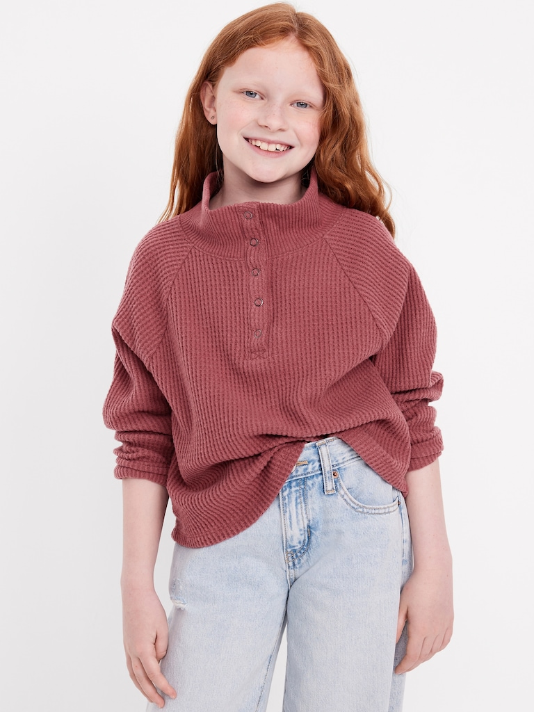 CozePlush Waffle-Knit Henley Top for Girls