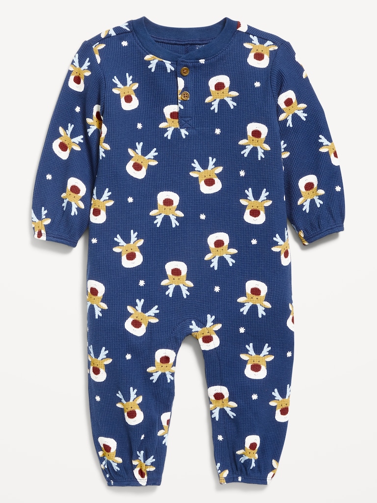 Printed Long-Sleeve Henley Waffle-Knit One-Piece for Baby