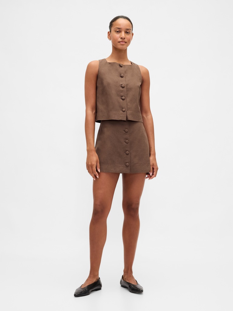Linen-Blend Button-Front Mini Skort