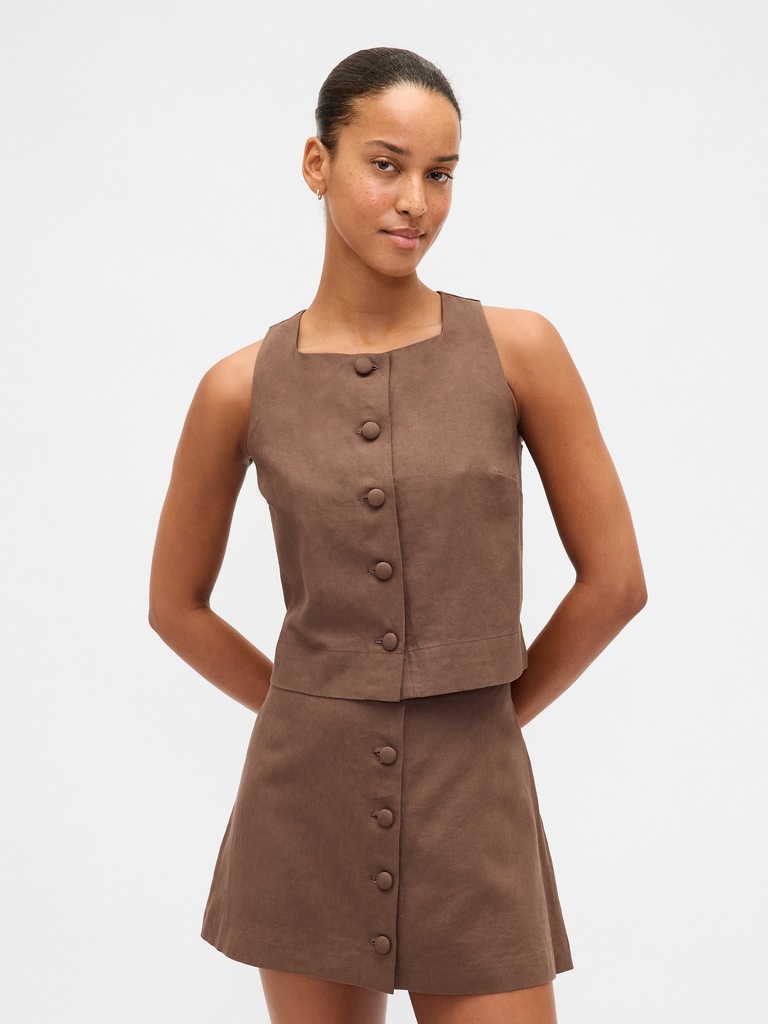 Linen-Blend Button-Front Shell Top