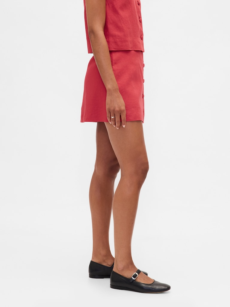 Linen-Blend Button-Front Mini Skort