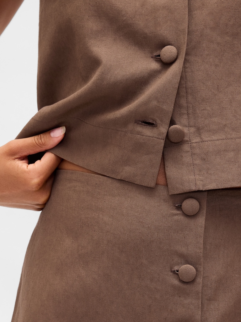 Linen-Blend Button-Front Mini Skort