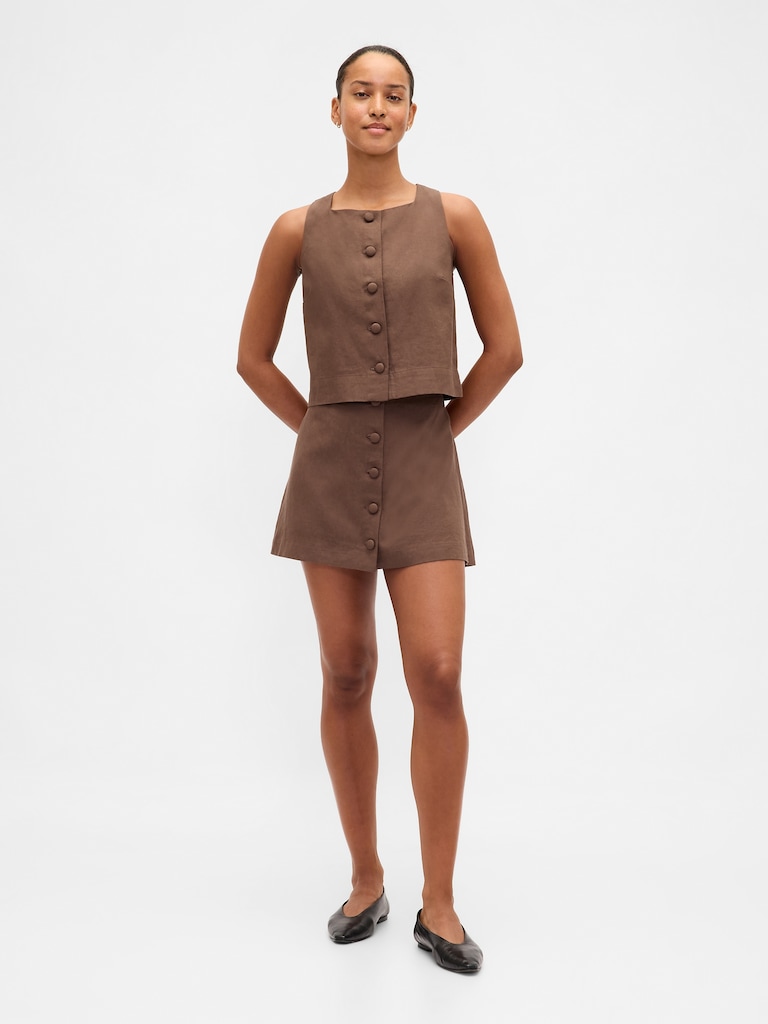 Linen-Blend Button-Front Shell Top