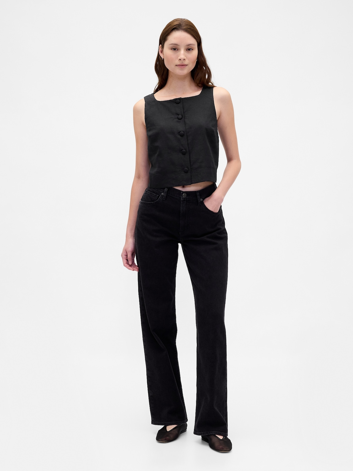 Linen-Blend Button-Front Shell Top