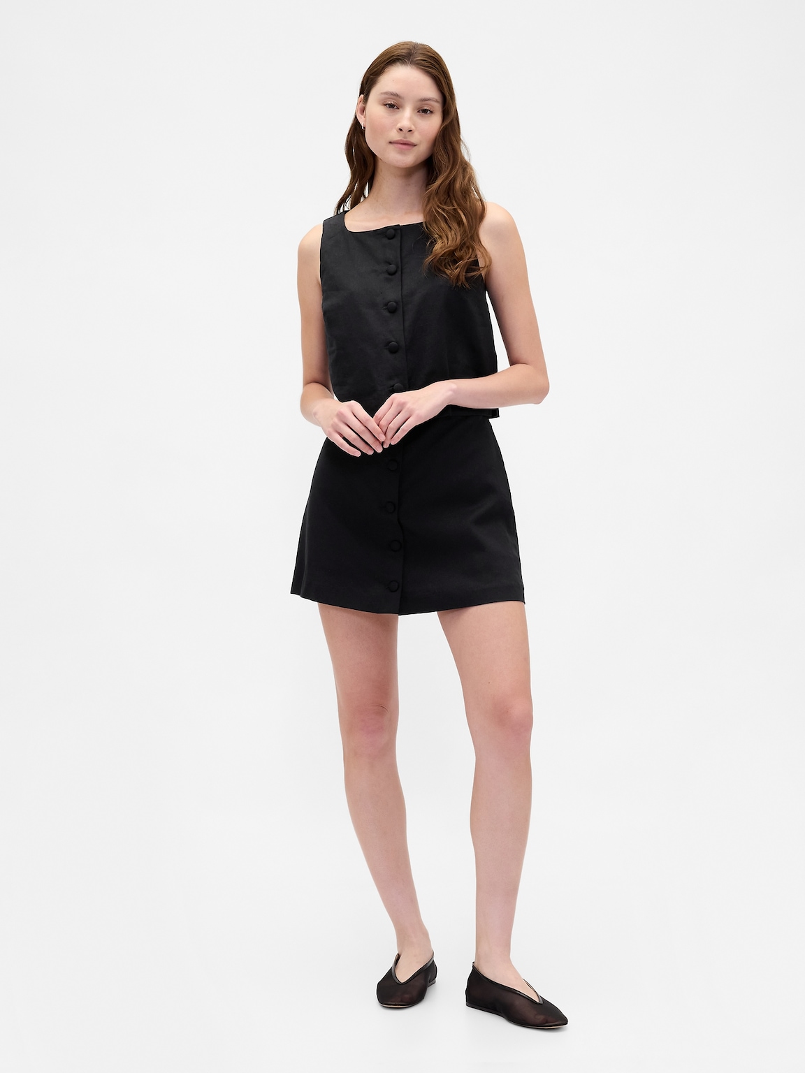 Linen-Blend Button-Front Shell Top